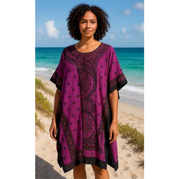 Good Times Magenta Kaftan Cover-Up One Size | Boho Resort Tunic Dress - Picture 1 of 6